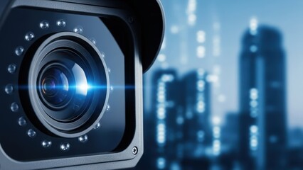 Surveillance camera in urban environment, monitoring activity with digital data streams and city skyline in background, representing security and technology