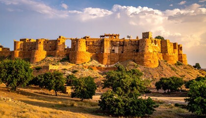 Golden sandstone fort atop hill, against cloudy sky at sunset