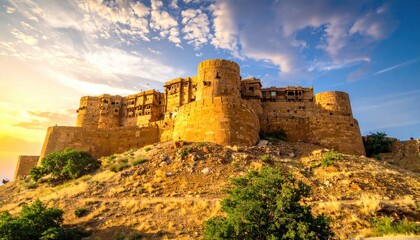 Obraz premium Golden fort atop hill, blue sky backdrop, bathed in sunlight