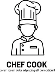 Minimalist Line Icon of Professional Chef or Cook Character with Toque Hat, Representing Culinary Arts, Restaurant, and Food Service Vector.