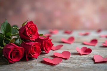 simple cozy Happy Valentins day concept with rose flowers and heart shapes on wooden table over trendy background