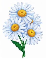 Naklejka premium Bouquet of White Daisies with Yellow Centers and Green Leaves on White