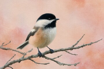 Fototapeta premium A small black capped chickadee bird perched on a delicate bare branch with a soft pink background