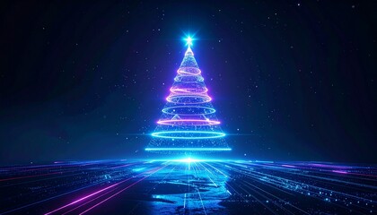 Abstract Illuminated Christmas Tree Against Dark Blue Background with Glowing Orbs and Lines