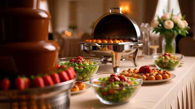 Luxurious chocolate fountain flowing on an elegant catering buffet table with fresh strawberries and pastries, highlighting hospitality and wedding event concepts
