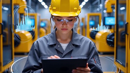Female engineer analyzing data on a tablet with holographic interfaces in a smart factory, illustrating Industry 4.0 automation concepts. - Powered by Adobe