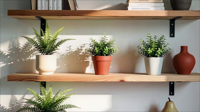 Three potted green plants and a terracotta vase rest on wooden floating shelves with sunlight shadows
