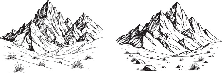 Hand-Drawn Mountain Range &ndash; Desert Landscape Sketch Vector.