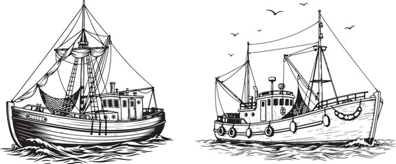 Vintage Fishing Boats Vector Hand-Drawn Trawler Illustrations