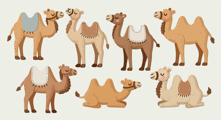 Cartoon camels in various poses with transparent background