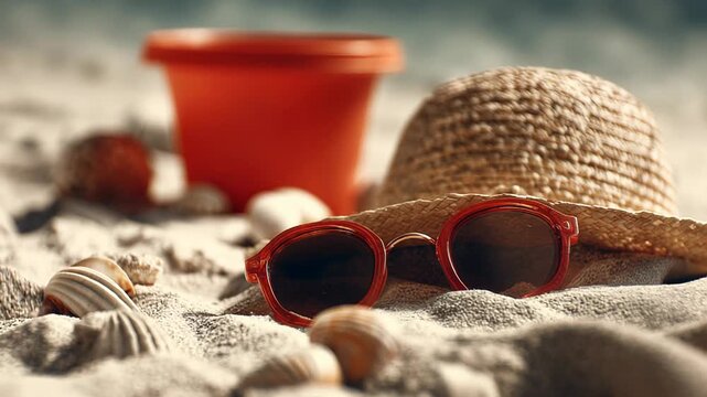 Beach accessories on sand with seashells