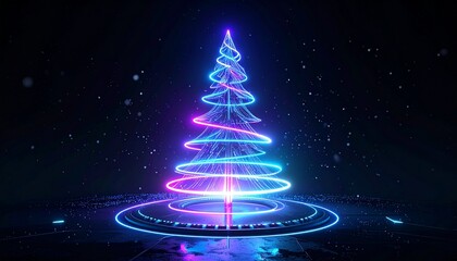 Abstract Neon Christmas Tree Illuminated Against Dark Background with Floating Particles