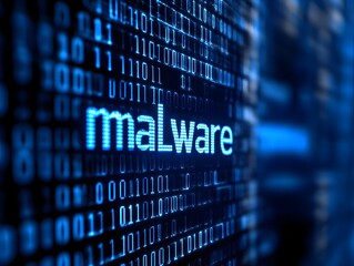 Digital screen displaying the word malware in glowing blue text against a backdrop of binary code and abstract digital patterns representing cyber threats and data breaches