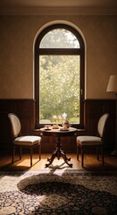 A sun-drenched room with an antique table and chairs, bathed in warm light, perfect for a quiet moment.
