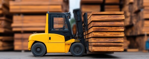 Trailer Vehicle Utility concept. Yellow forklift lifting wooden planks in a warehouse setting.
