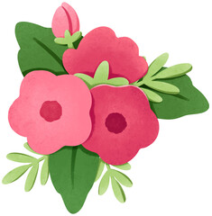 Isolated pink flowers with green leaves illustration. Cute floral arrangement for floral border, floral edge, journaling, invitation, planner, greeting card, and decorative projects.