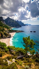 Obraz premium Coastal landscape showcases a turquoise sea, beach, and mountain range