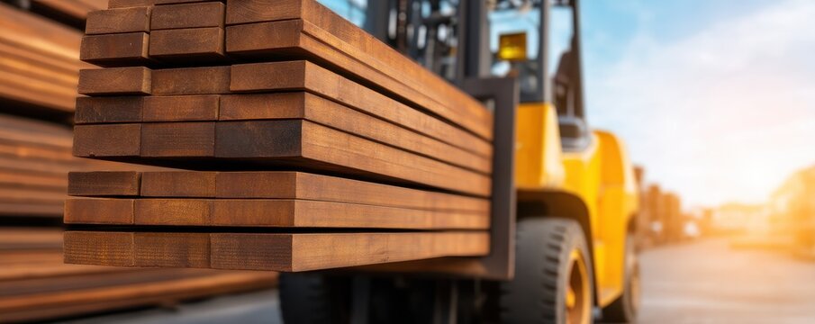 Trailer Vehicle Utility concept. Forklift transporting stacked wooden planks in a warehouse setting. - Powered by Adobe