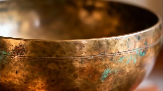 Close up detail of a weathered brass singing bowl showing intricate textures and patina