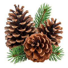 Nature's Embrace: Three meticulously detailed pinecones nestle alongside verdant pine needles, showcasing the intricate textures and earthy hues of the forest floor, evoking a sense of calm.
