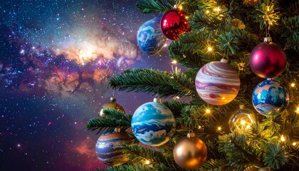 A winter holiday New&nbsp;Year and Christmas&nbsp;tree decoration with gold balls and snow ornaments for a merry celebration card design