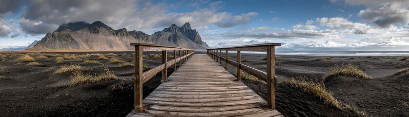 Fototapeta premium A wooden walkway leads towards dramatic mountains under a moody sky, surrounded by black sand and golden grasses, creating a breathtaking natural landscape.