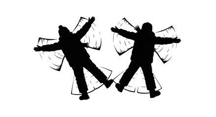 Silhouette of two people making snow angels in winter.