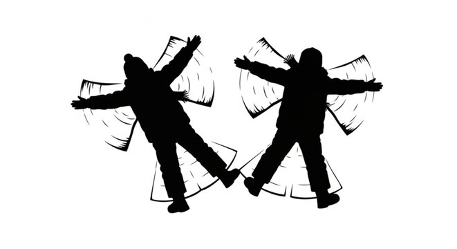 Silhouette of two people making snow angels in winter.