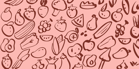 Hand-drawn fruit and vegetable doodle pattern with simple organic shapes on a pink background. Cute, healthy, fresh, seamless design ideal for food packaging, branding, wallpaper, and kitchen decor.