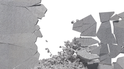 Wall description involves a sudden, forceful rupture, sending debris like concrete