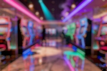 Obraz premium Blur image of several slot machines in a casino with vibrant lights and players in the background. The blur creates a sense of motion and excitement in a high-energy environment.