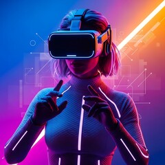 A futuristic woman wearing VR headset interacts with a digital interface, illuminated by vibrant neon hues.