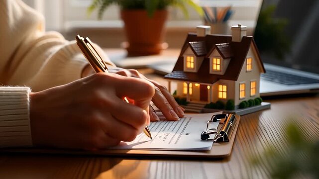 Close up of woman hands signing real estate contract on wooden desk with model house, illustrating mortgage and property ownership concepts.