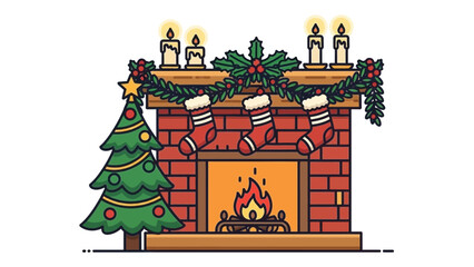 Cozy Christmas: A heartwarming scene unfolds, as a Christmas tree adorned with ornaments stands beside a traditional fireplace, decked with stockings and lit candles.