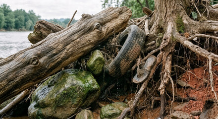 Flood Debris Trapped in Tree Roots by Riverbank After Storm