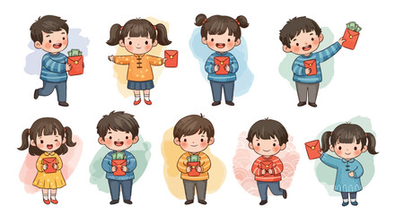 Children holding red envelopes for Chinese New Year