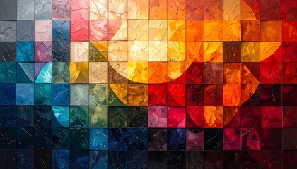 Colorfully tiled artwork with gradient hues and circular shapes