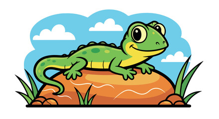 Green lizard on rock with cloudy sky background