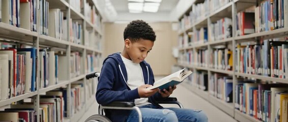 Reading in the Stacks: A young reader, lost in the pages of a captivating book, navigates the library stacks with ease, seeking knowledge and inspiration.