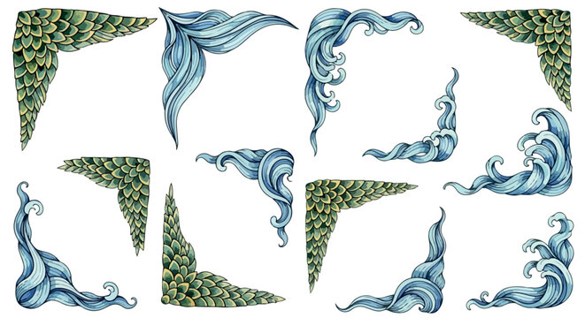 Decorative corner elements with scales and waves