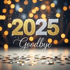 &ldquo;2025 Goodbye&rdquo; in Glittery Gold and Silver Text with Warm Bokeh Lights and Confetti