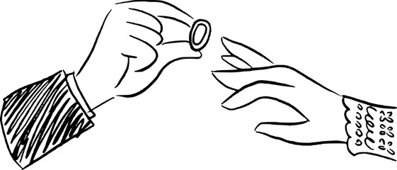 The Bride And Groom Put On Their Wedding Rings, Hand Drawn Wedding Illustratrion