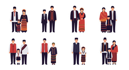 Traditional ethnic families in colorful clothing