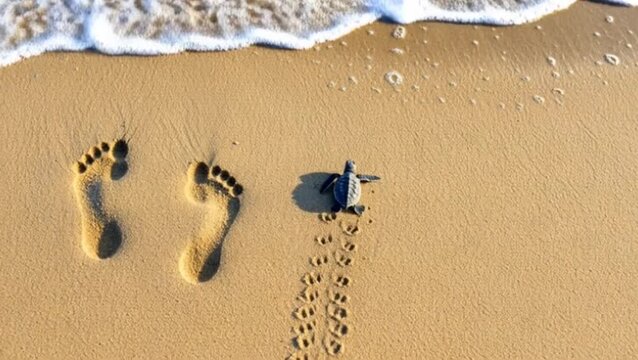 Human footsteps and baby sea turtle trail leading toward ocean waves
