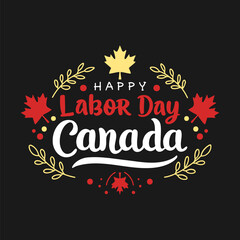 Happy canada labor day celebration card with red maple leaves and wheat