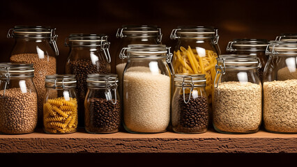 Assortment of glass jars filled with various dry goods and food items on a wooden shelf.