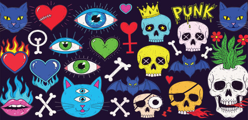 Dynamic collection of hand-drawn punk and grunge symbols: skulls, cats, hearts, and mystic eyes
