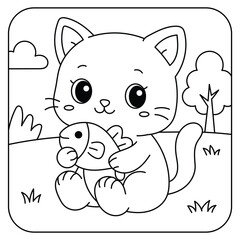 Cute Kitten Holding a Fish Coloring Page