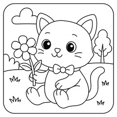 Cute Kitten Holding a Flower Coloring Page