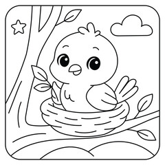 Cute Baby Bird Sitting in a Nest Coloring Page